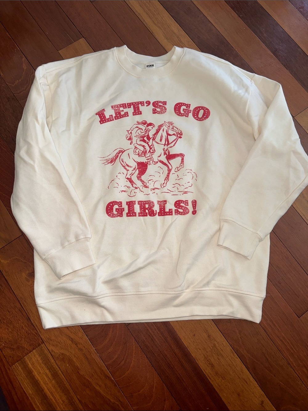 PINK Victorias Secret GO GIRLS Graphic Crewneck Sweater - Cream with Red Print